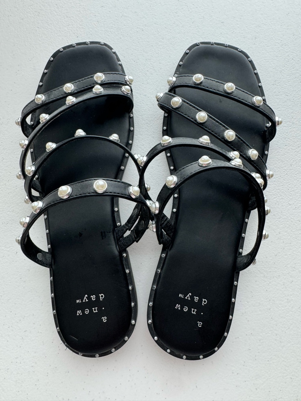A New Day Strappy Pearl Studded Slide Sandals Black Size 6.5